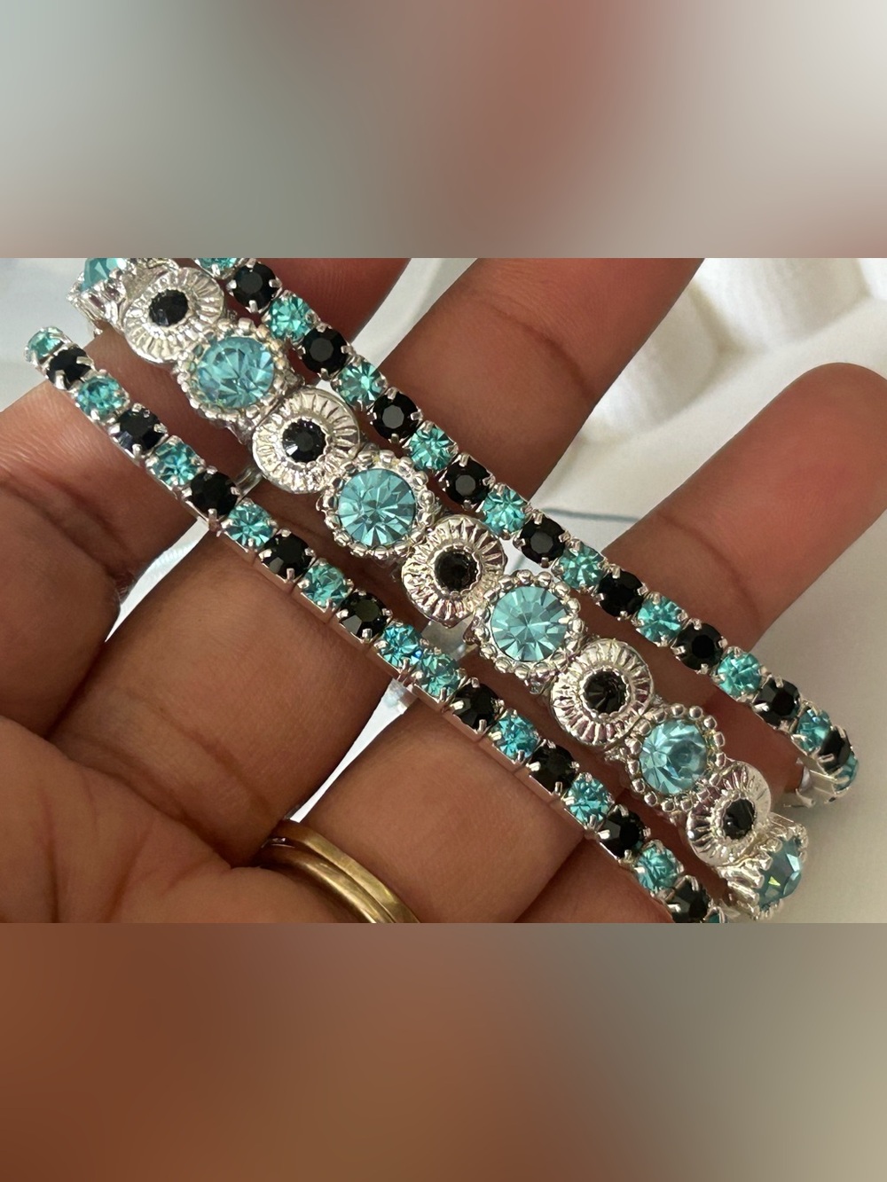 Silver-Tone Black and Aqua Crystal Tennis Bracelet Set